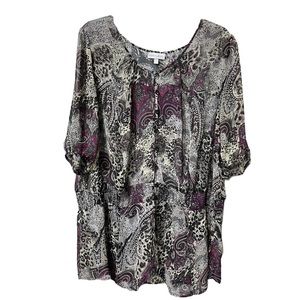 Fashion Bug Women’s Sheer Maroon Brown Print Elastic Waist Short Sleeve Top